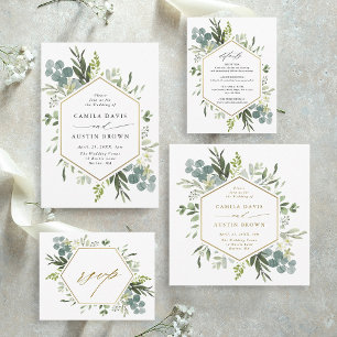 Watercolor Greenery Gold Hexagon Wedding RSVP Card