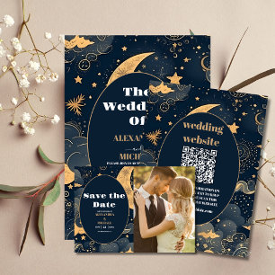 Foto Midnight Blue Gold Celestial Wedding Save The Date