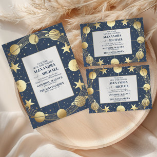 Invitation Tout En Un Mariage de lune Crescent or de la Marine céleste