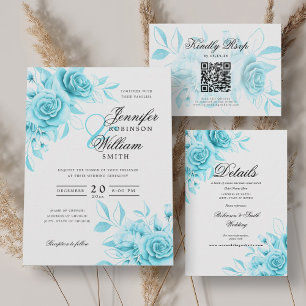 Elegantes Script Wedding Türkise Floral w/QR UAWG Einladung