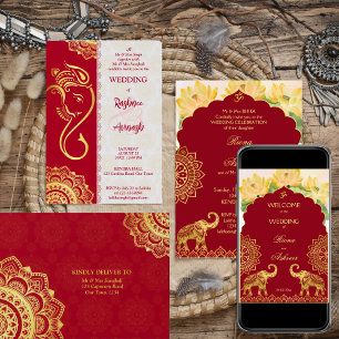 Invitation Maroon et or éléphants mariage indien de luxe