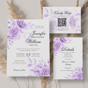 Elegantes Script Wedding Lila Floral w/QR UAWG Einladung