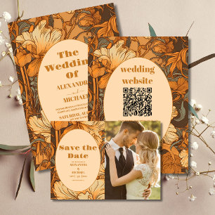 Invitation Tout En Un QR Code Gold Floral Art Nouveau Mariage