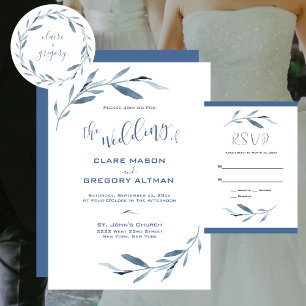 Invitation Mariage Feuille bleu et blanc