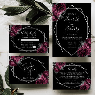 Burgundy Floral Silver Black Geometric Wedding Dankeskarte