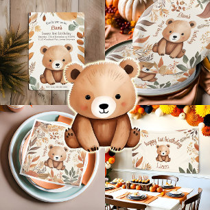Autumn Woodland Baby Bear Watercolor 1. Geburtstag Einladung