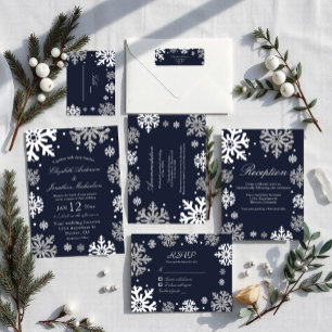 Invitation Noces d'hiver aux flocons de neige bleu marine