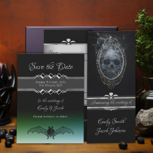 Invitation Noir gothique Halloween Mariage Ghoost crâne et ch