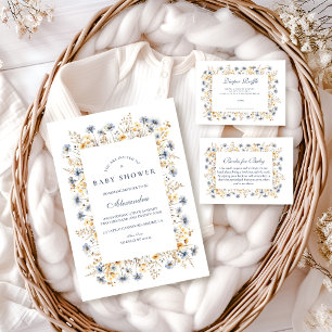 Invitation Baby Shower Fleur Sauvage Bleu Doré