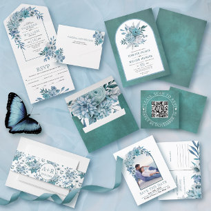 Aquamarine und aquablaue Blumen und Bogenhochzeit All In One Einladung