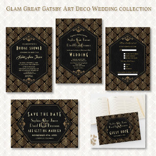 Glam Roaring 20's Gold Black Great Gatsby Wedding Einladung