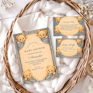 Invitation Fête de Bébé Ourson en Jean Bleu Vintage