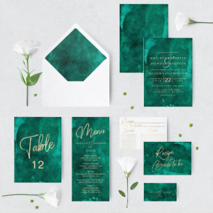 Invitation Aquarelle vert émeraude et réception de mariage or