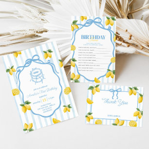 Girls Whimsical Blue Bow Lemon Amalfi Geburtstag Dankeskarte