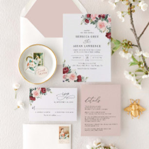 Invitation Simple Burgundy Blush Fall Floral Mariage Carré