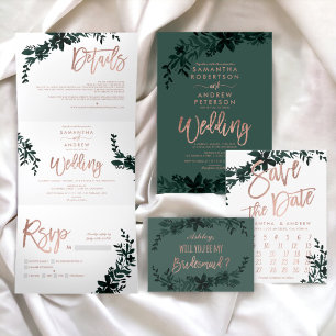 Invitation Typographie or rose mariage vert floral