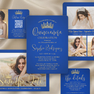 Invitation Simple Elegant Quinceañera 3 Photo Royal Blue Gold