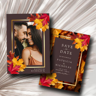 Autumn Woody Brown & Elegant Golden Frame Wedding Einladung