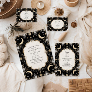 Invitation Botanique Vintage Céleste Lune Étoiles Mariage