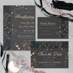 Invitation Boho gris foncé Moody Abstrait Floral Handfasting