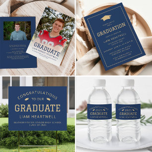 Sporty Navy Blue Gold Photo Grad Faire-part