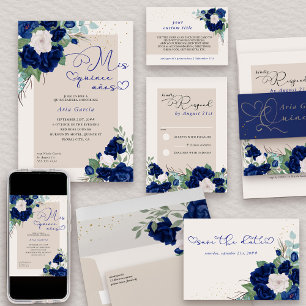 Royal Blue und Ivory Rose Floral Save the Date Ankündigungspostkarte
