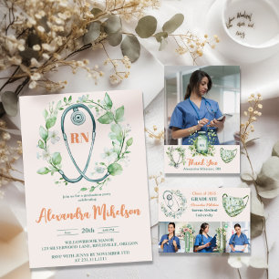 Boho Green 3 Foto Watercolor Nursing School Gradu Ankündigung