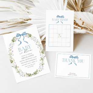 Baby in Bloom Blue Spring Floral Bow Baby Dusche Einladung