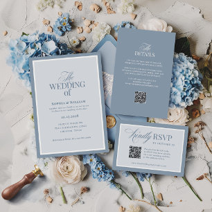Invitation Classique Luxe   Élégant Mariage Bleu Poussiéreux