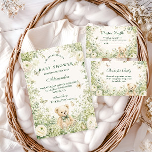 Whimsicaler grüner Teddybär-Baby-Party Einladung