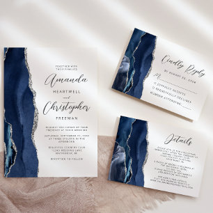 Save The Date Agate Navy Blue Silver Modern Script Mariage