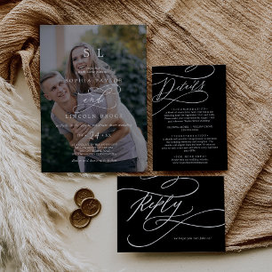 Invitation Romantic Calligraphy Dark Photo Monogram Wedding