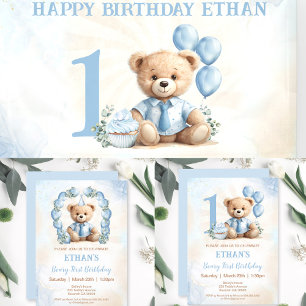 Invitation Teddy Bear 1er Anniversaire Ballons Bleus Invitati