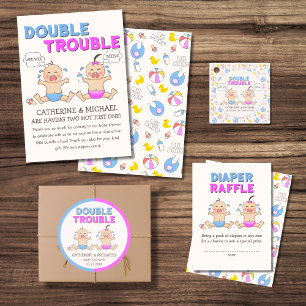 Sticker Rond Double Trouble Twin Boy & Girl Baby shower