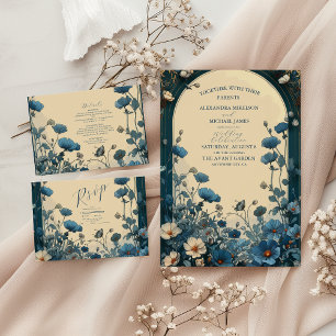 Navy Blue Art Nouveau Wedding All In One Einladung