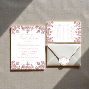 Sticker Rond Pink Rose Gold Snowflake Winter Sweet 16