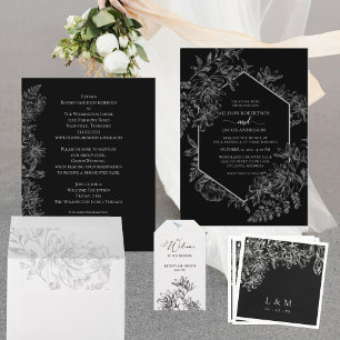 Carte De Placement Élégant noir blanc Mariage floral simple