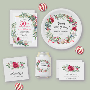 Red White Rose Floral Holly 50. Geburtstagsparty Einladung