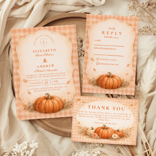 Rustikale Gingham-Kürbis-Herbsthochzeit RSVP Karte