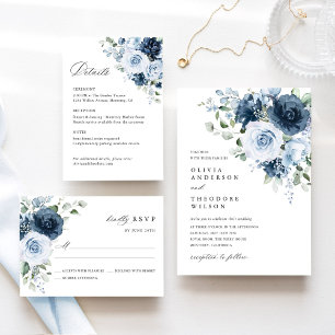 Invitation Noces Élégantes Florales Aquarelle Bleu Poussiéreu
