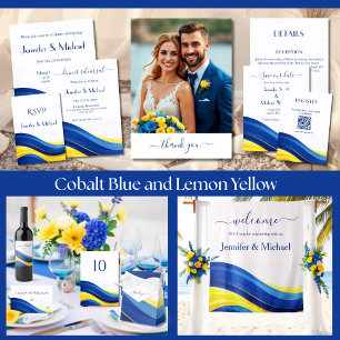 Bleu de cobalt et jaune Photo Mariage Merci