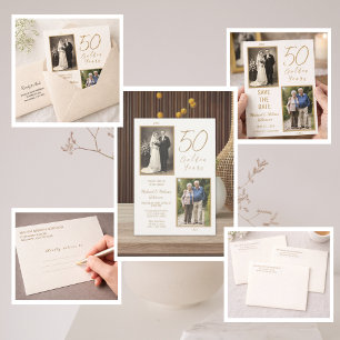 Invitation Élégant Ivoire & Or 50e Anniversaire de Mariage