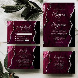 Moderne Burgunder-Achat-Silber-Schrift-Hochzeit Einladung