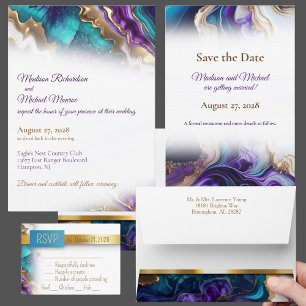 Invitation Gold Purple & Aqua Mariage élégant