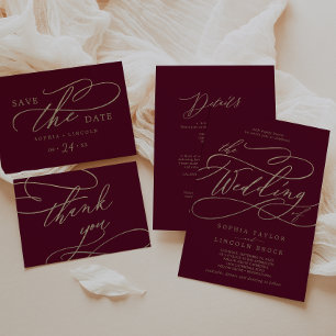 Invitation Calligraphie romantique de Bourgogne Mariage avant