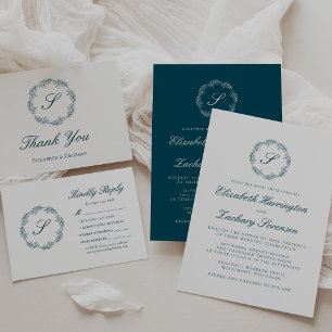 Cartons Réponse Mariage de couronne bleu Turquoise Monogramme