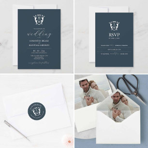 Invitation Mariage bleu personnalisable Monogram Crest
