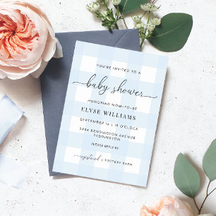 Blue Gingham Baby Shower Gold Foil Einladung