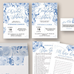 Elegant Dusty Blue Floral Couples Dusche Einladung