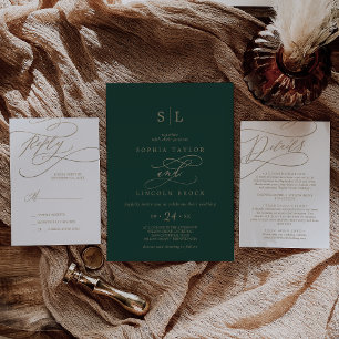 Invitation Mariage Monogramme Calligraphique Romantique Vert